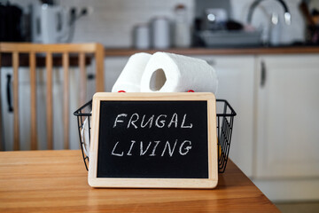 Frugal living, save money, live cheap concept with toilet paper basket and Frugal living text in...