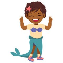 Little girl with handcrafted mermaid costume. Vector illustration of kid with Halloween disguise