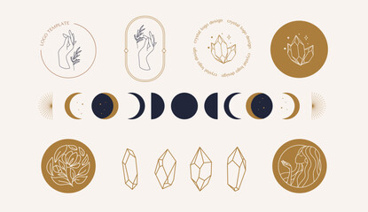 A set of female hand logos Crystal in a minimal linear style. Mystical logo template of sun crystals and moon