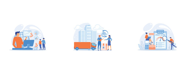 Business strategy and budget planning, Urban cargo trucking, goods transportation business, cash refund, parcel return concept, Tiny people analysts evaluating ability of prospective debtor to pay the