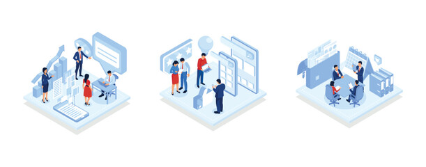 business work flow, time management, planning, task app, teamwork, meeting, small people characters develop creative business idea, Idea of business goal and arrow as a metaphor of achievement and suc