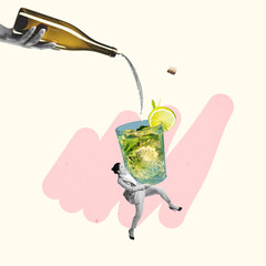 Contemporary art collage. Creative design. Woman holding glass with alcohol mojito. Party preparation, weekends