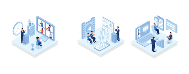 Modern technology in education, Digital podium in virtual class, data visualization, synchronized access to smart class, video conference, isometric vector modern illustration