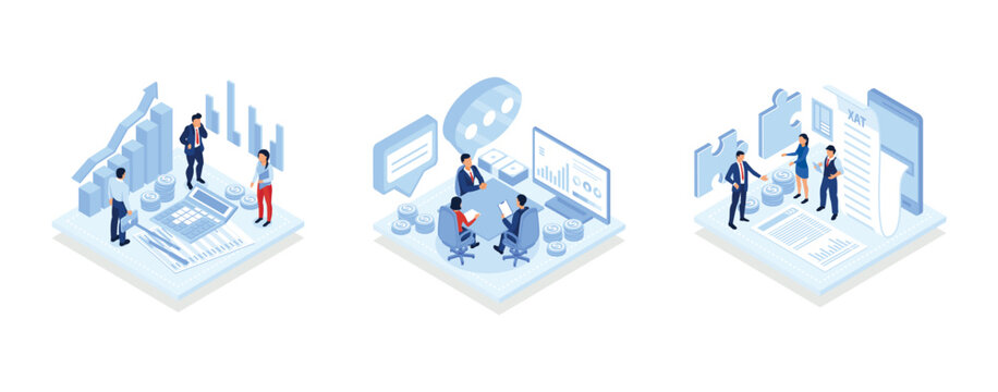 Payroll, Salary payment, Business owner hires an accountant, recruitment process, human resources, interview with bookkeeper, Tax audit, consultation, analysis of tax payments, isometric vector modern