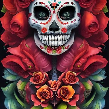 A Painting Of La Calavera Catrina, A Woman With A Skull, Celebration Of The Day Of The Dead