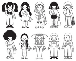 Vector set with different cute girls in various clothes. Isolated vector drawing in cartoon style. 