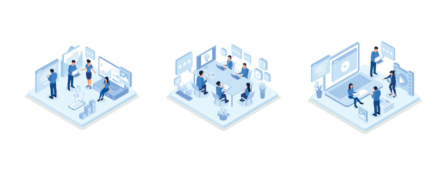 People team work together in web industry, Devops at work concept, Web content concept with character, isometric vector modern illustration