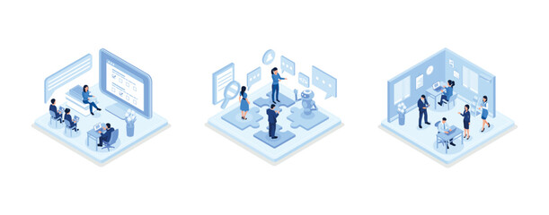 Online survey or questionnaire concept, Interaction between team and robot, People in coworking office concept design, isometric vector modern illustration