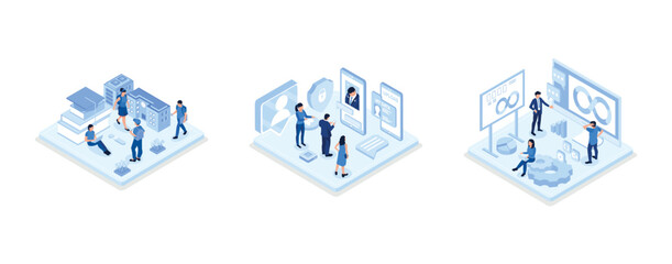 Students Study Online in University or College Campus, Face recognition technology concept, Devops at work concept, isometric vector modern illustration