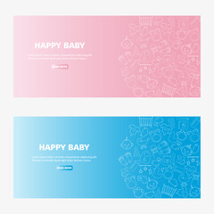 Happy baby banner, including a set of linear signs on a blue and pink background