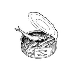 Canned sprats. Delicious seafood. Smoked fish in oil. Vector illustration with black ink isolated on a white background in a hand drawn style.