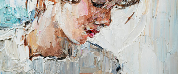 Beautiful pensive young girl with flower in her hair. Created in expressive manner and light colors, palette knife technique of oil painting and brush.