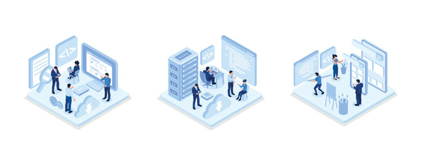People characters developing software and sending data to cloud storage, Developers team programming and writing program code on laptop, Development process concept, isometric vector modern illustrati