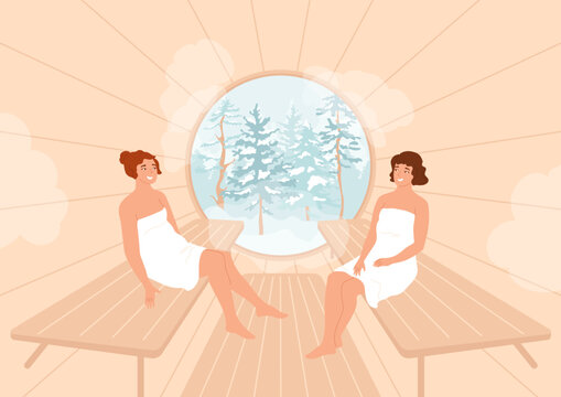 Females in barrel sauna with winter forest in window. Women wrapped in towels relax in round bathhouse. Luxury resort, spa on nature, wellness concept. Leisure healthy weekend. Vector illustration.