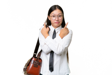 Young Asian business woman over isolated background pointing to the laterals having doubts