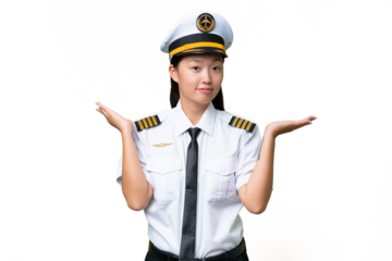 Airplane pilot Asian woman over isolated background having doubts while raising hands