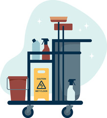 Cleaning cart. Professional trolley with janitorial utensils. PNG with transparent background - 536289772