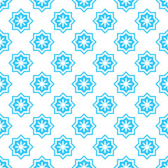 Christmas abstract pattern. Seamless pattern with light blue stars- snowflakes on a white background. Geometric simple festive texture. Mosaic plaid. Winter vector illustration.