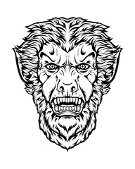 monochrome illustration of monster, werewolf head. isolated on white backgraund. hallowen them