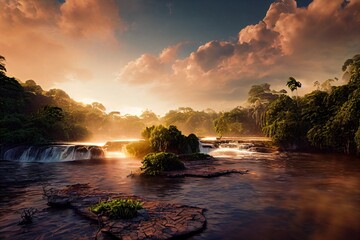 sunset rainforest panorama with waterfall, jungle river with tropical vegetation, exotic fantasy landscape, fictional landscape created with generative ai