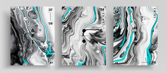 Abstract vector poster, collection of modern fluid art covers. Artistic background that can be used for design cover, invitation, flyer and etc. Gray, white and blue creative iridescent artwork.