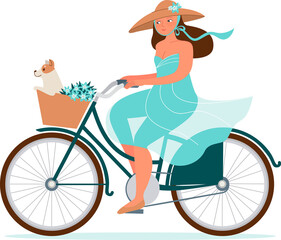 Romantic lady riding on a vintage bicycle with her dog in a basket. isolated background
