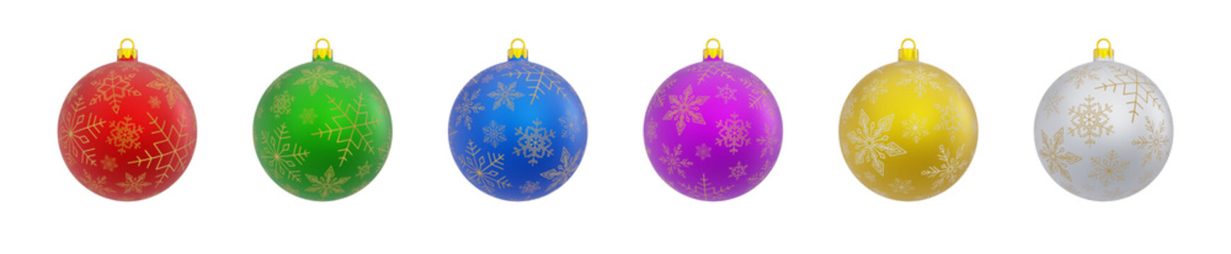 Christmas balls with snowflakes and a beautiful frosted finish in a wide variety of colors. Christmas ornaments pack. Realistic rendering.