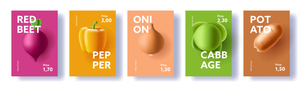 Vegetables posters set, 3d render illustrations of beet pepper onion cabbage potato