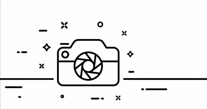 Photo camera. Take pictures, image, photographer, digital, model, hobby, art. Photography concept. One line drawing animation. Motion design. Animated technology logo. Video 4K