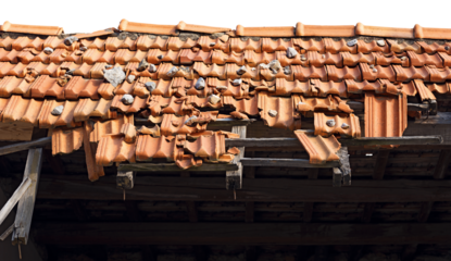 Closeup of a damaged roof with terracotta orange roof tiles (Pantiles, Coppo in Italian language). Isolated on white or transparent background, photography, png.
