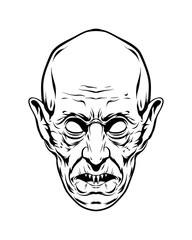 monochrome illustration of monster, vampire head. isolated on white backgraund. hallowen theme.