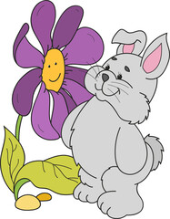 Coloring page outline of cartoon cute little rabbit with the big flower. Colorful vector illustration, summer coloring book for kids.