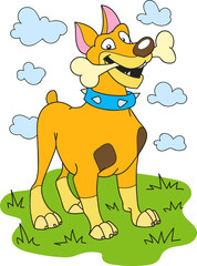 Coloring page outline of cartoon smiling cute dog with a big bone. Colorful vector illustration, summer coloring book for kids.