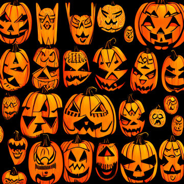 Ilustración digital de una colección de terroríficas calabazas para Halloween 2022