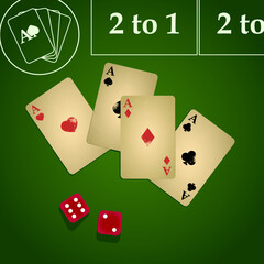 Gambling. Playing cards and dice. Background for online-casino. Green ganbling-table. Vector poker's illustration 