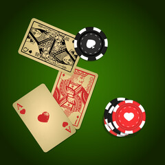 Gambling. Poker. Playing cards and chips. Background for online-casino. Jack, queen, ace. Vector poker's illustration