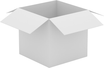 Blank white open box on transparent background. Photo realistic PNG clipart.