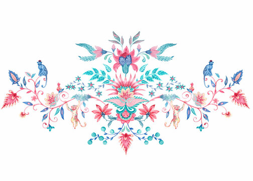 Beautiful floral composition with hand drawn watercolor flower elements painted in old traditional turkish arabesque style. Stock clip art illustration.