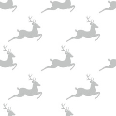 seamless hunting pattern with grey silhouette of jumping deer with antlers.