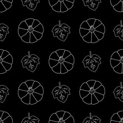 Seamless pattern with white contour pumpkins on a black background. Vector illustration. For modern background decoration, cards, banners, holiday designs, prints, wrappings, textiles, fabrics, etc.
