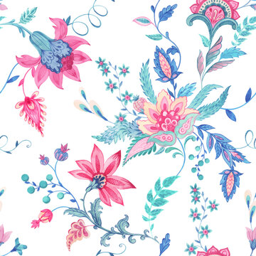Beautiful vector seamless floral pattern with hand drawn watercolor abstract flowers in old traditional style with monkey. Stock illustration.