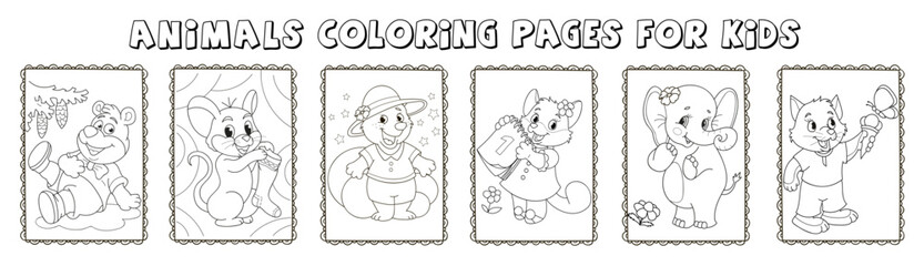 Set of the coloring pages outline. Cartoon smiling cute bear with tree, cat with calendar, mouse, elephant, cat with ice cream. Colorful vector illustration, animals coloring book for kids.