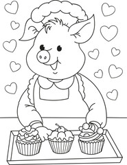 Coloring page outline of cartoon smiling cute pig with cakes. Colorful vector illustration, coloring book for kids.