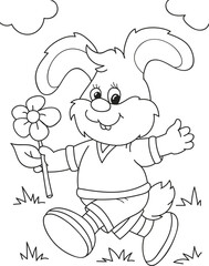 Coloring page outline of cartoon cute rabbit with the big flower. Colorful vector illustration, summer coloring book for kids.
