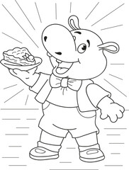 Coloring page outline of cartoon smiling cute hippo with a piece of cake. Colorful vector illustration, coloring book for kids.