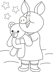 Coloring page outline of cartoon smiling cute baby pig with the toy bear. Colorful vector illustration, summer coloring book for kids.