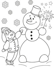 Coloring page outline of cartoon smiling cute dog with the big snowman. Colorful vector illustration, winters coloring book for kids.