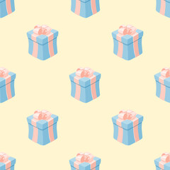 Gift boxes in a pattern on a beige background in cartoon style for print and design. Vector illustration.