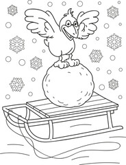 Coloring page outline of cartoon smiling cute bird with a big snowball. Colorful vector illustration, winters coloring book for kids.