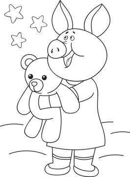 Coloring page outline of cartoon smiling cute baby pig with the toy bear. Colorful vector illustration, summer coloring book for kids.